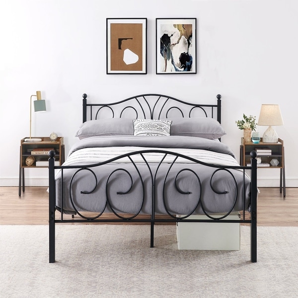 Taomika 3-Pieces Modern Black Metal Bed Frame and Brown Nightstand Sets - - 35206951