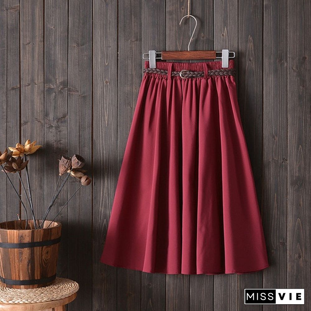 Midi Knee Length Summer Skirt Women With Belt Ladies High Waist Pleated A-Line School Skirt Female