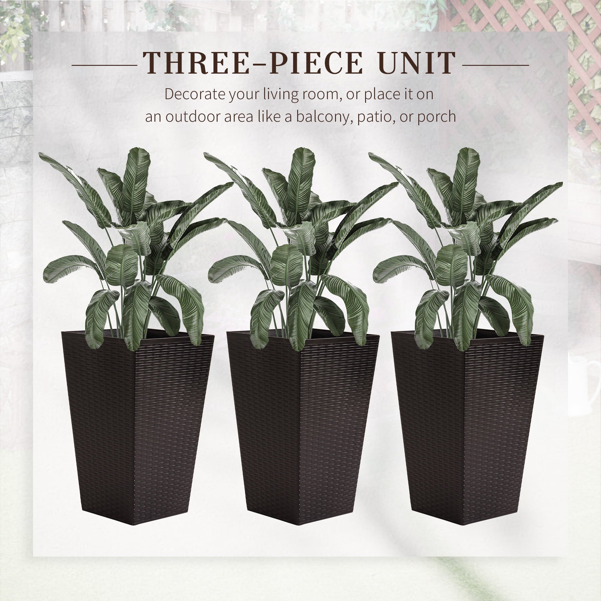 Outsunny Set of 3 Tall Planters, Outdoor & Indoor Flower Pot Set for Front Door, Entryway, Patio and Deck, Brown