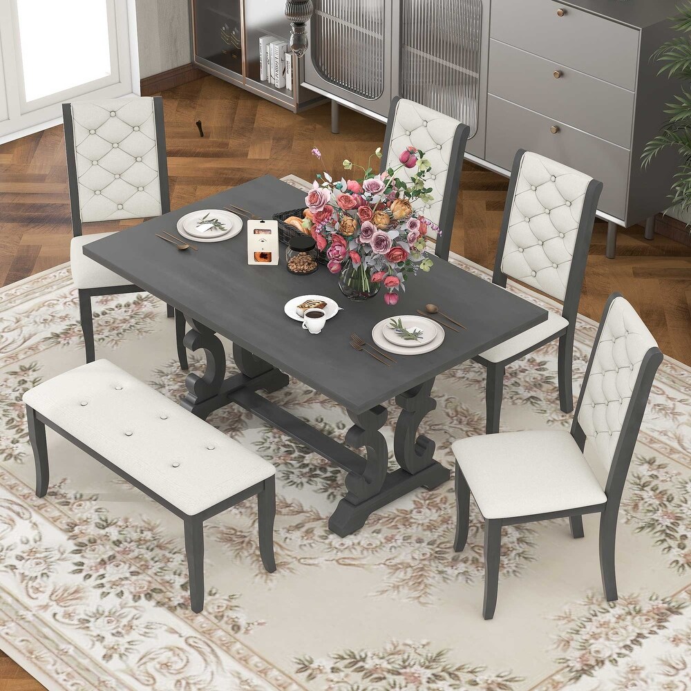 Unique designed 6 Piece Dining Table Sets  Retro Wood Grain Dining Table with Four Linen Upholstered Dining Chairs and Bench