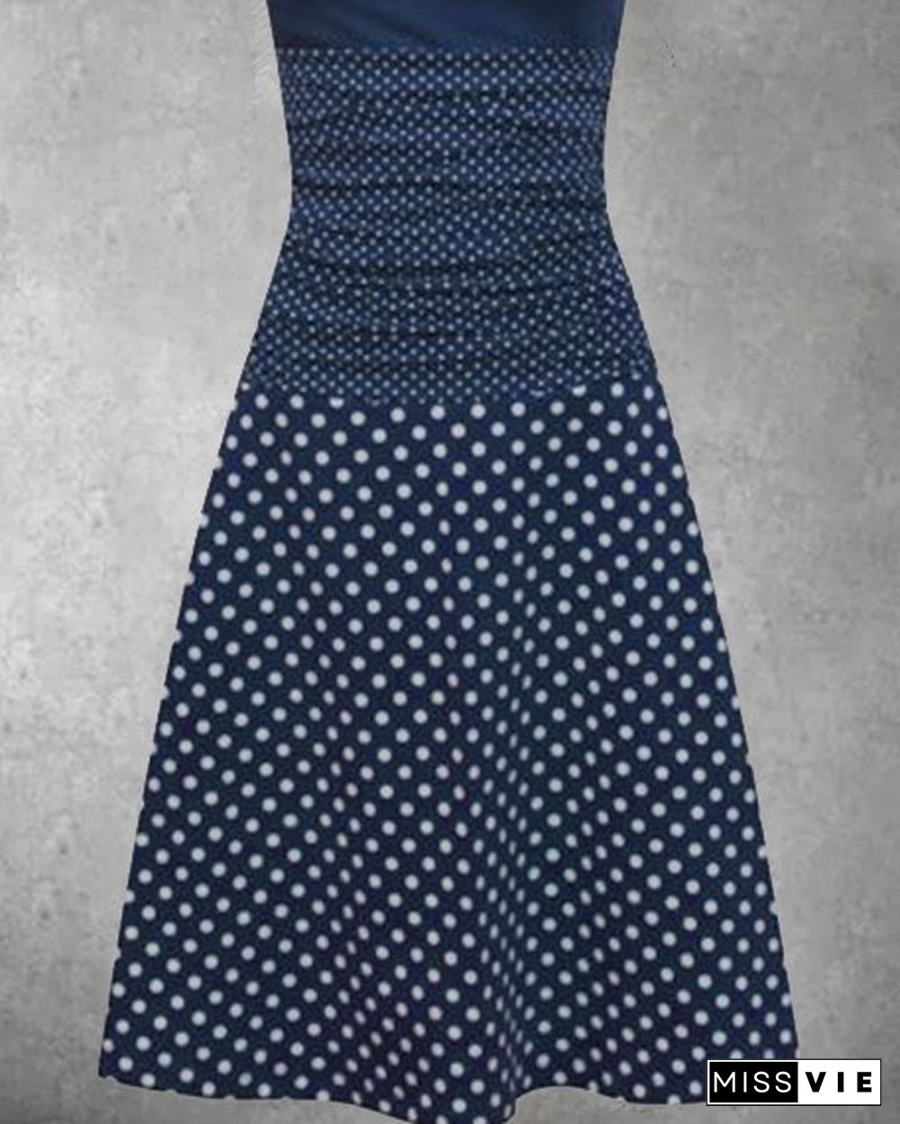 Deep Blue Knitted Short Sleeve Polka Dots Knitting Dress