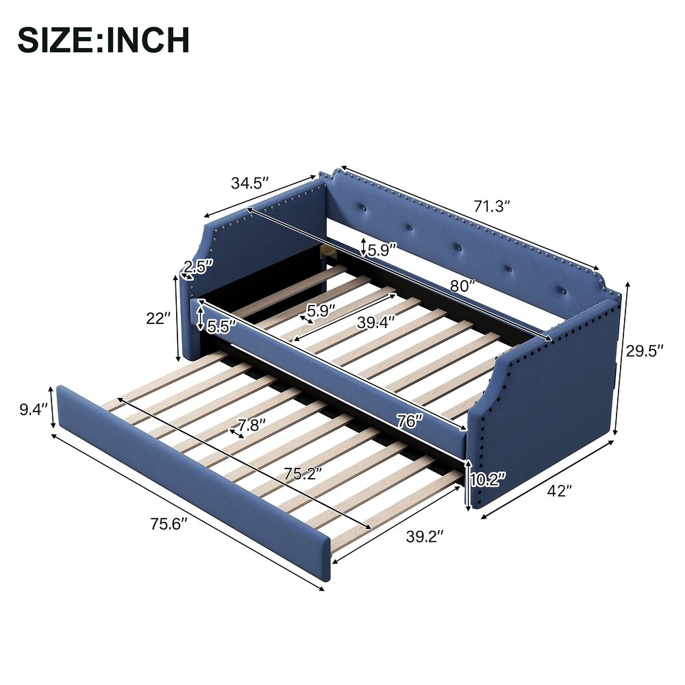 Twin Size Upholstered Daybed with Trundle  Sofa Bedframe with Wood Slat Support  for Livingroom Bedroom  No Box Spring Required