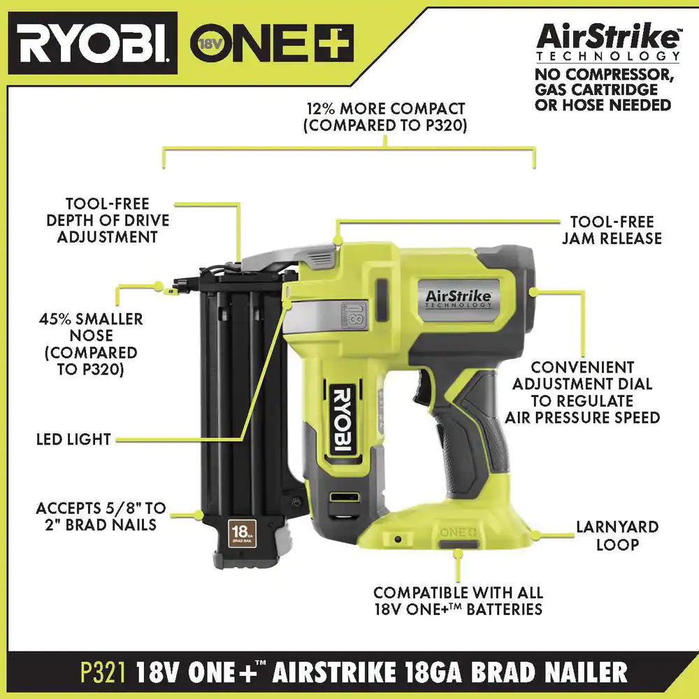 RYOBI P321-P326 ONE+ 18V Cordless 2-Tool Combo Kit with AirStrike 18-Gauge Brad Nailer and 16-Gauge Straight Finish Nailer (Tools Only)