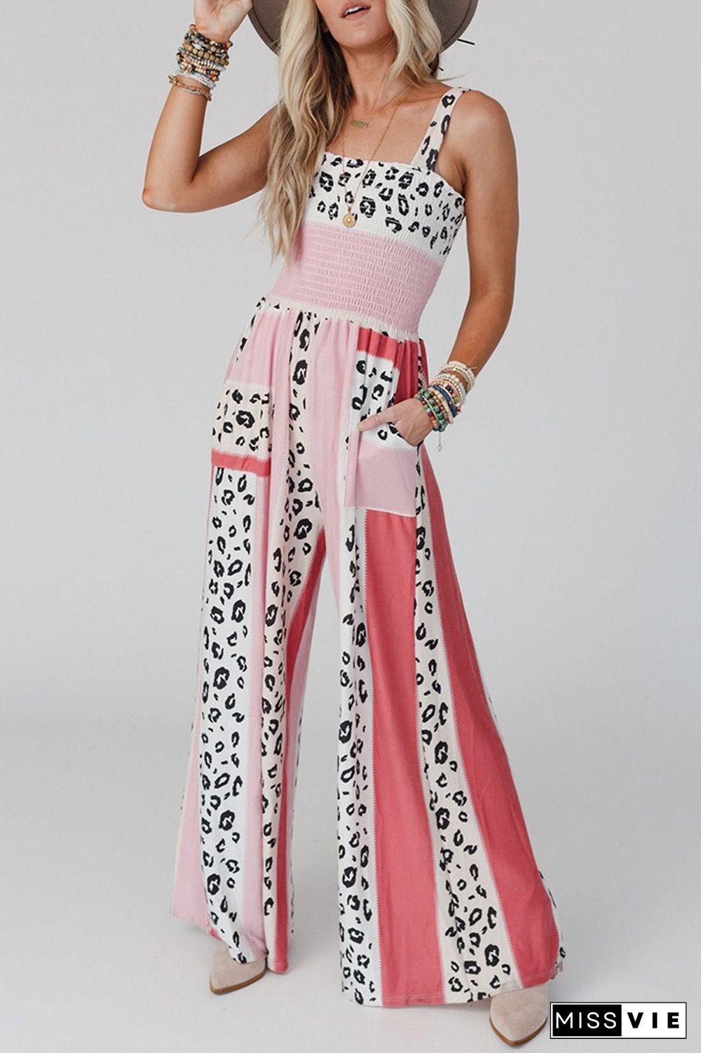 Color Block Leopard Smocked Cami Wide Leg Jumpsuit