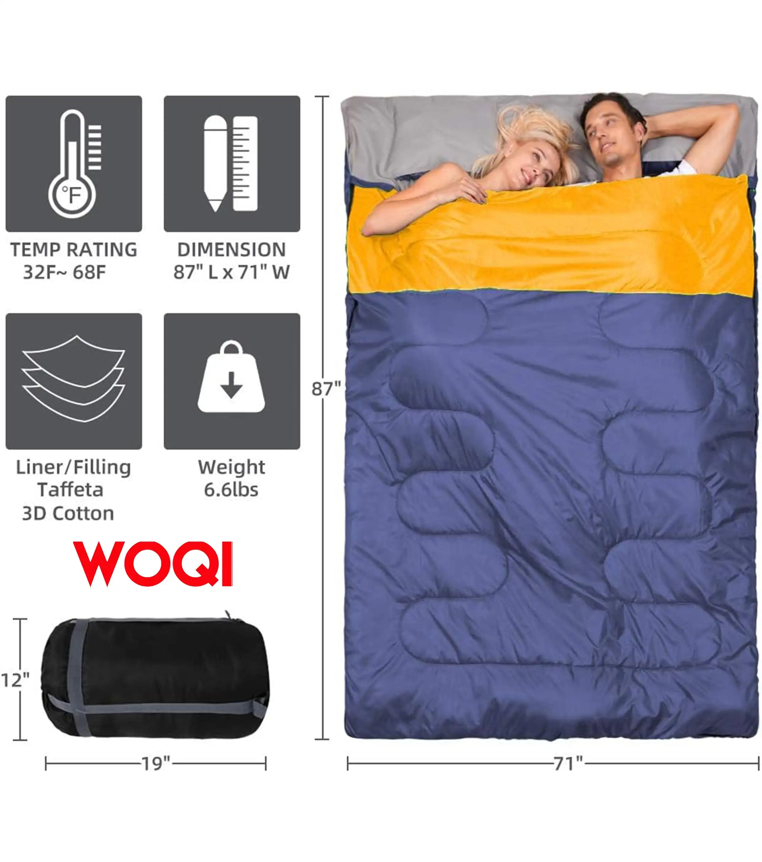 WOQI waterproof sleeping bag for two  suitable for camping  backpacking  or hiking  suitable for adults  teenagers  or families