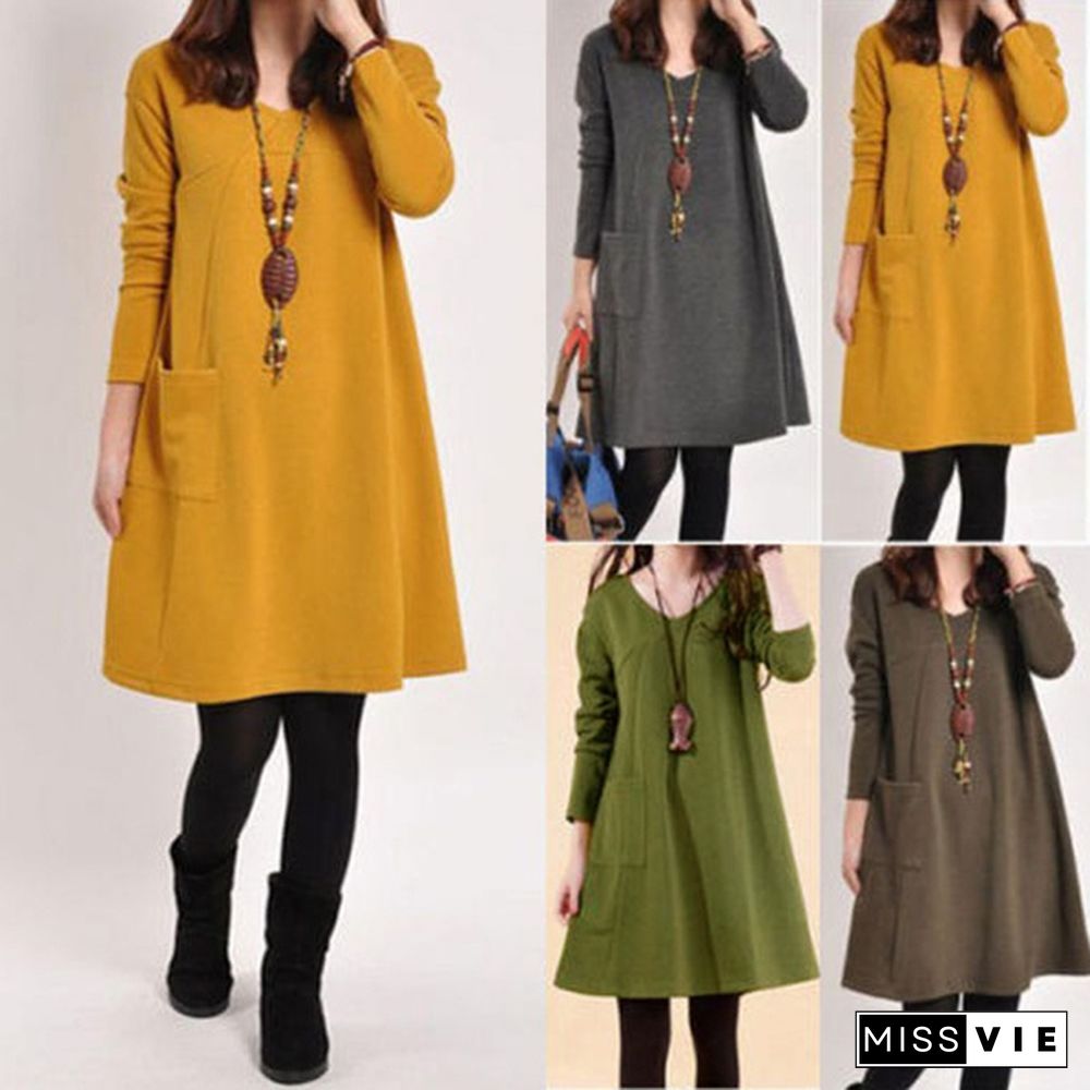 Women V Neck Long Sleeve Casual Loose Tops Shirt Jumper Dress Plus Size