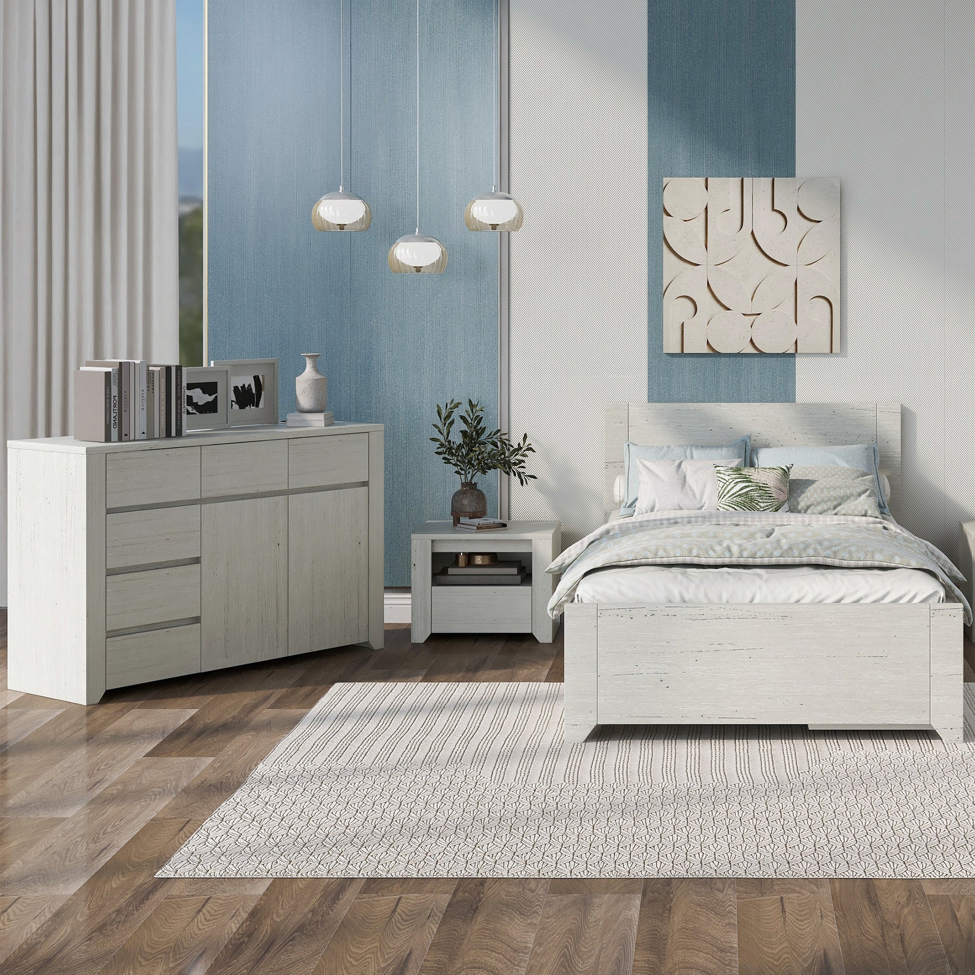 3 Pieces Simple Style Manufacture Wood Bedroom Sets with Twin bed， Nightstand and Dresser - - 37366778