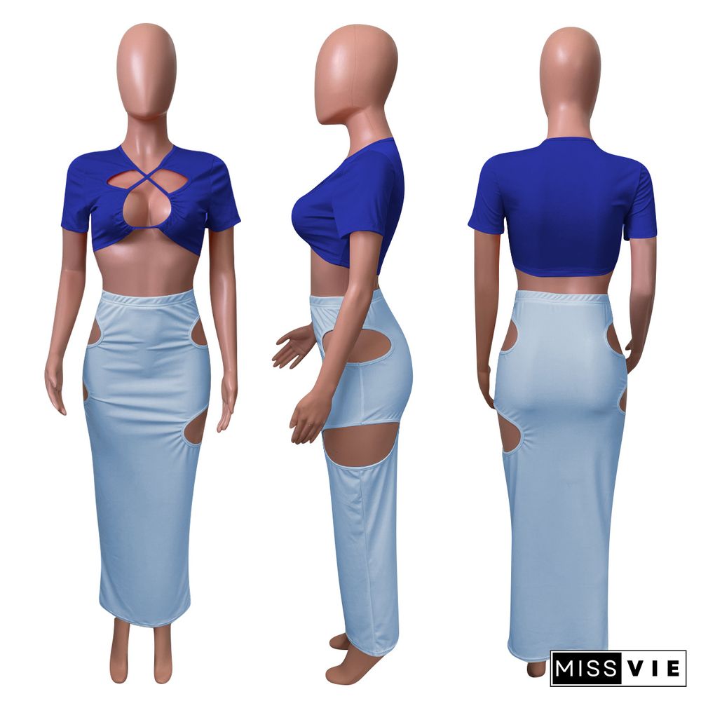 Sexy Ripped Drawstring Hemmed Skirt Set