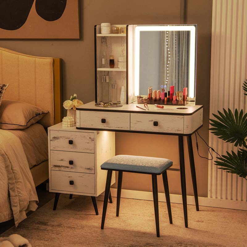 Makeup Table Vanity Set Dressing Desk with Dimmable Lighted Mirror, 3 Lighting Modes, Human Body Induction