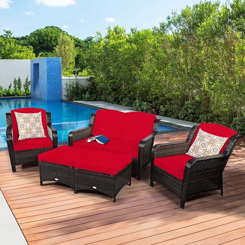 5 Pcs Rattan Wicker Patio Furniture Set with Loveseat, Single Sofas & Ottomans, Outdoor Conversation Sets