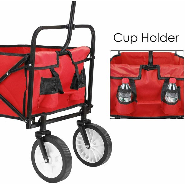 CINAK Heavy Duty Garden Cart, Collapsible Folding Outdoor Utility Wagon, Beach Soccer Field Garden Backyard Shopping Camping Cart, Red