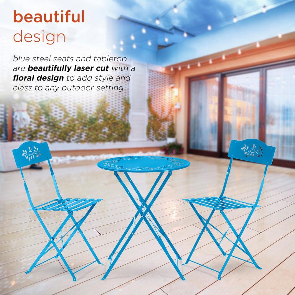 Alpine Corporation Indoor/Outdoor 3-Piece Bistro Set Folding Table and Chairs Patio Seating, Blue MSY100A-BL