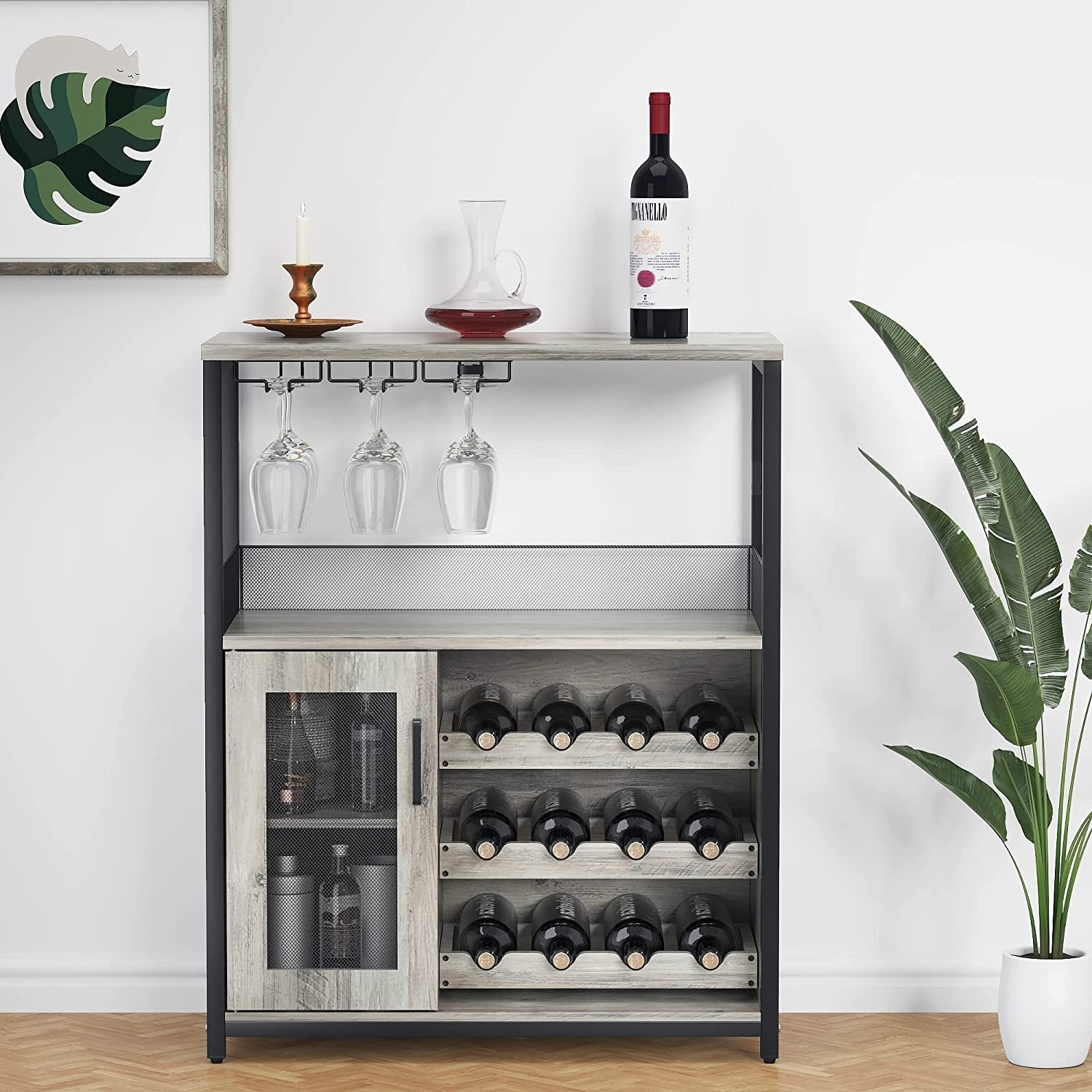 Wine Bar Rack Cabinet with Detachable Wine Rack， Bar Cabinet with Glass Holder