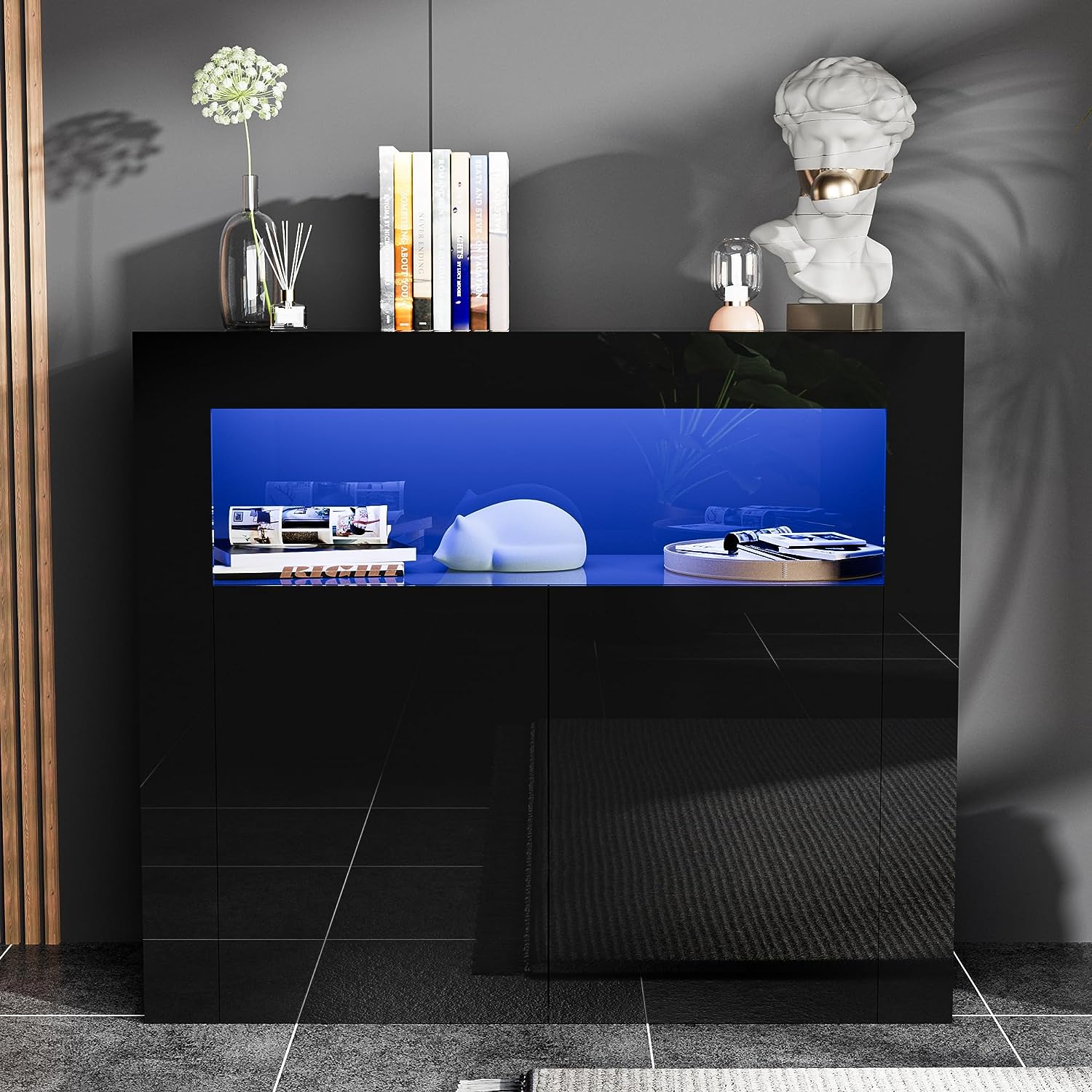 High Glossy Buffet Cabinet Sideboard Storage Cabinet Bar Cabinet with LED Lights Adjustable Shelf and 2 Doors