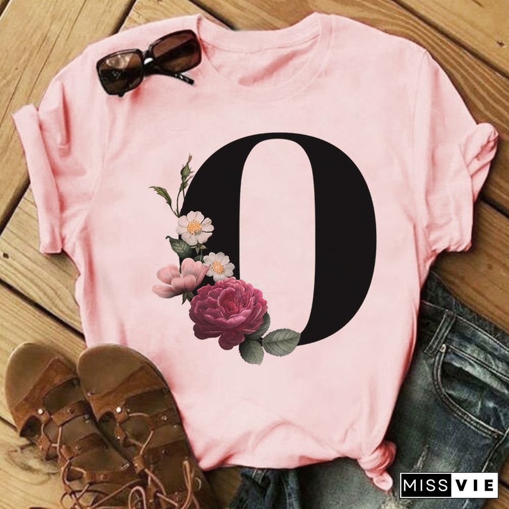 26 Letter Alphabet A-Z Women T-Shirts Fashion Breathable Flowers Short Sleeve Casual Tops Couple Basic Tee Crew Neck Clothes Top