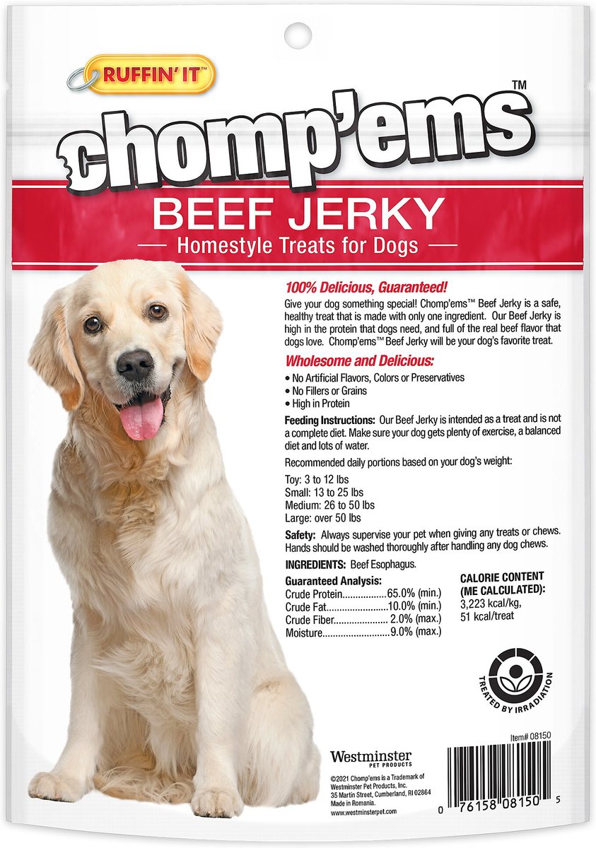 RUFFIN' IT Chomp'Ems Beef Jerky Dog Treats， 7-oz bag