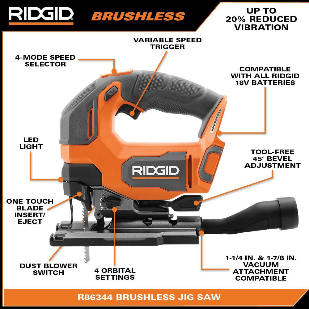 RIDGID 18V Brushless Cordless Jig Saw (Tool Only) R86344B