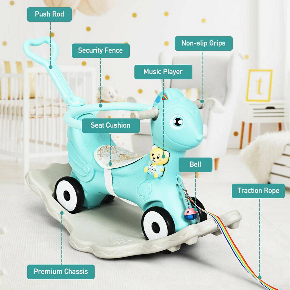 Gymax GYM05460 Baby Rocking Horse 4 in 1 Kids Ride On Toy Push Car with Music Indoor Outdoor Gift