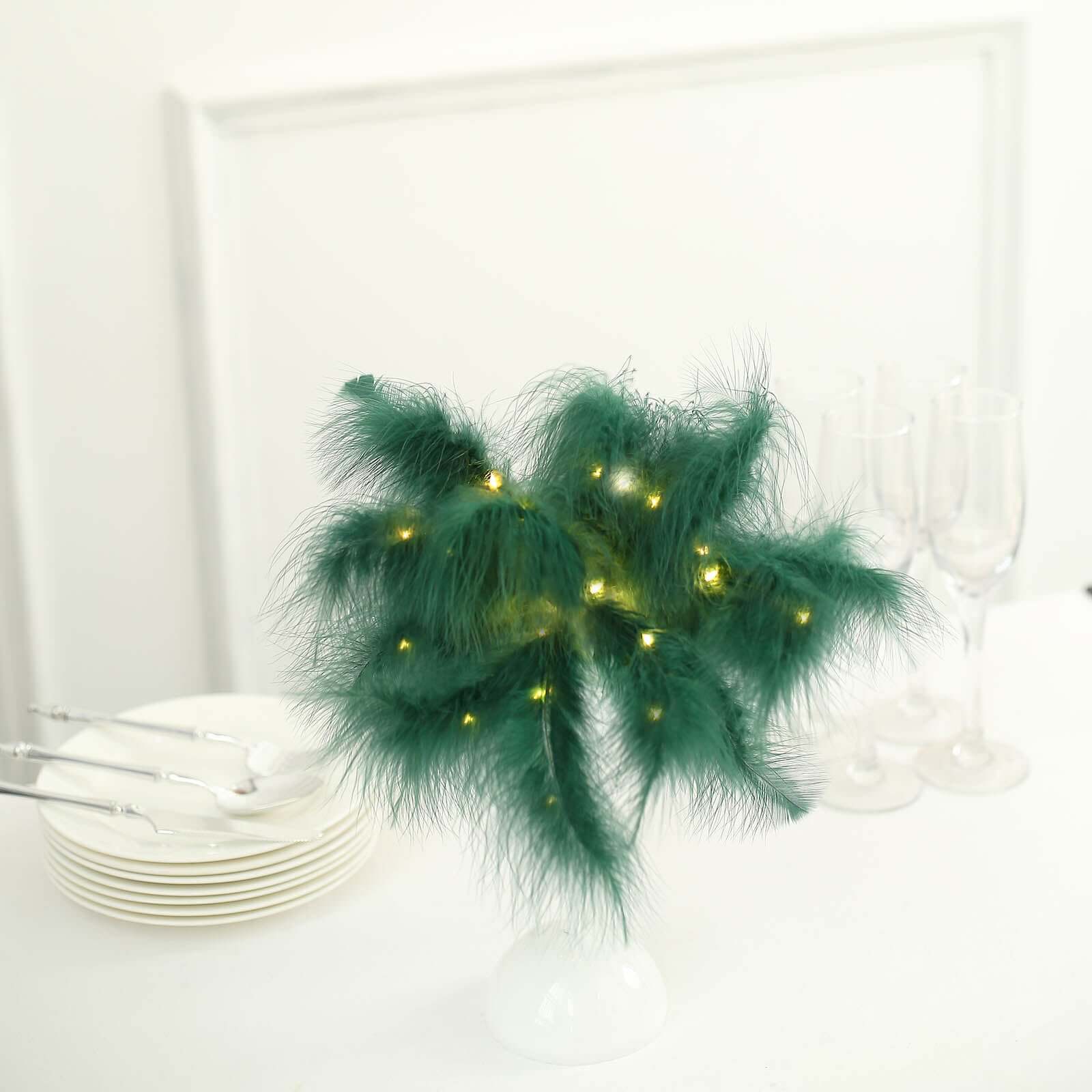 LED Hunter Emerald Green Feather Table Lamp Desk Light, Battery Operated Cordless Wedding Centerpiece 15