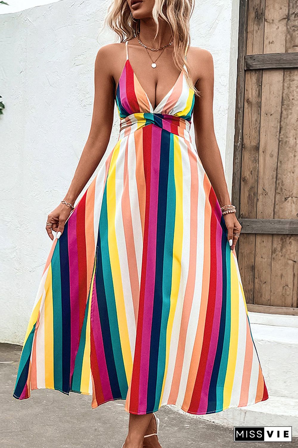 Multicolor Striped V Neck Spaghetti Strap Backless Maxi Dress