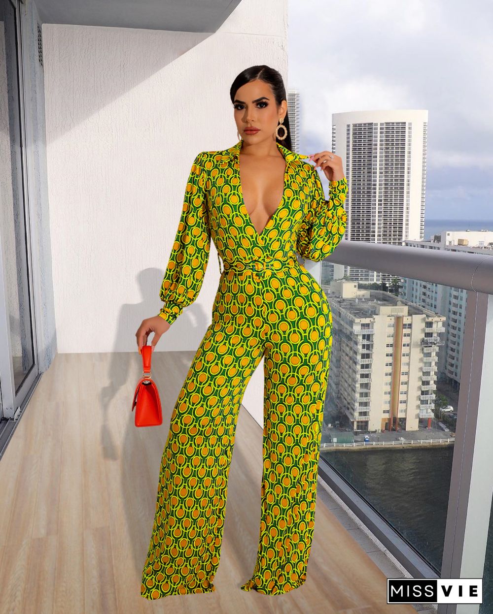 Deep V Long Sleeve Print Wide Leg Jumpsuits