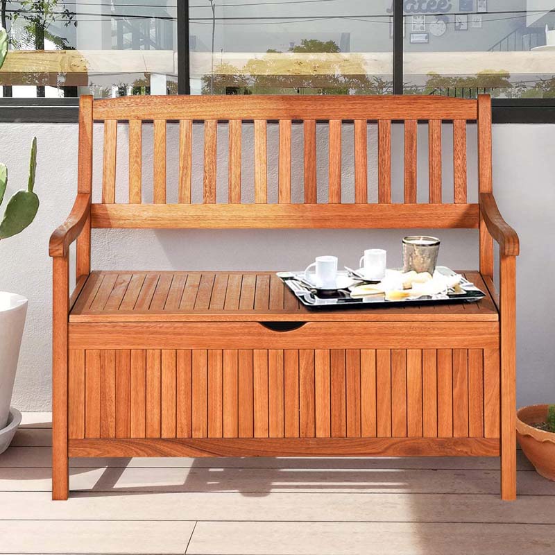 42 Wooden Patio Storage Bench Outdoor Storage Deck Box with Waterproof Inner Bag