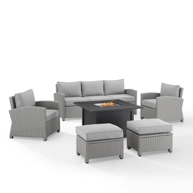 Bradenton 6pc Outdoor Wicker Sofa And Arm Chair Seating Set With Dante Fire Table And 2 Ottomans Gray gray Crosley