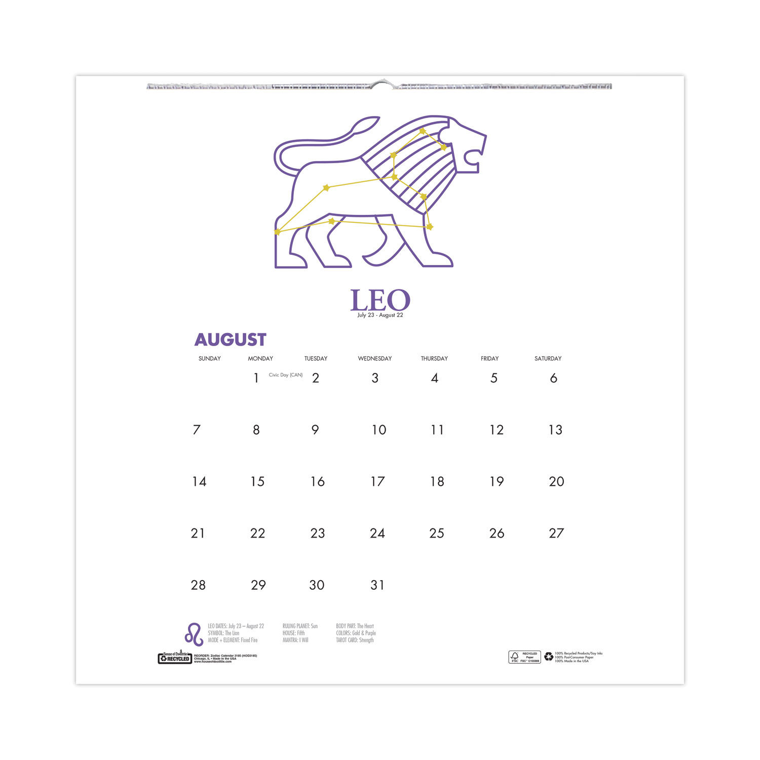 Recycled Academic Zodiac Wall Calendar by House of Doolittleandtrade; HOD3185