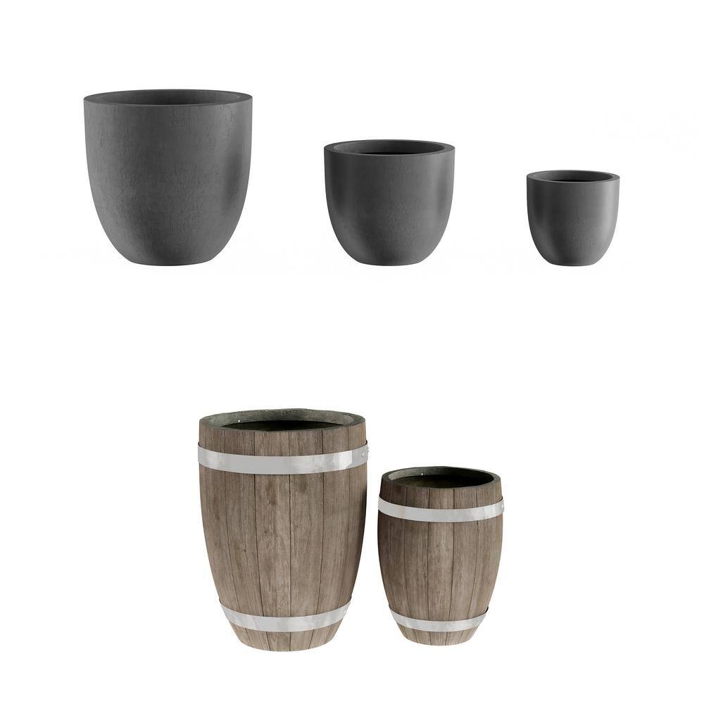 Earth Worth Large 17.5 in. Dark Gray Fiber Clay Planter Barrel (Set 2-Piece) 275452UBH