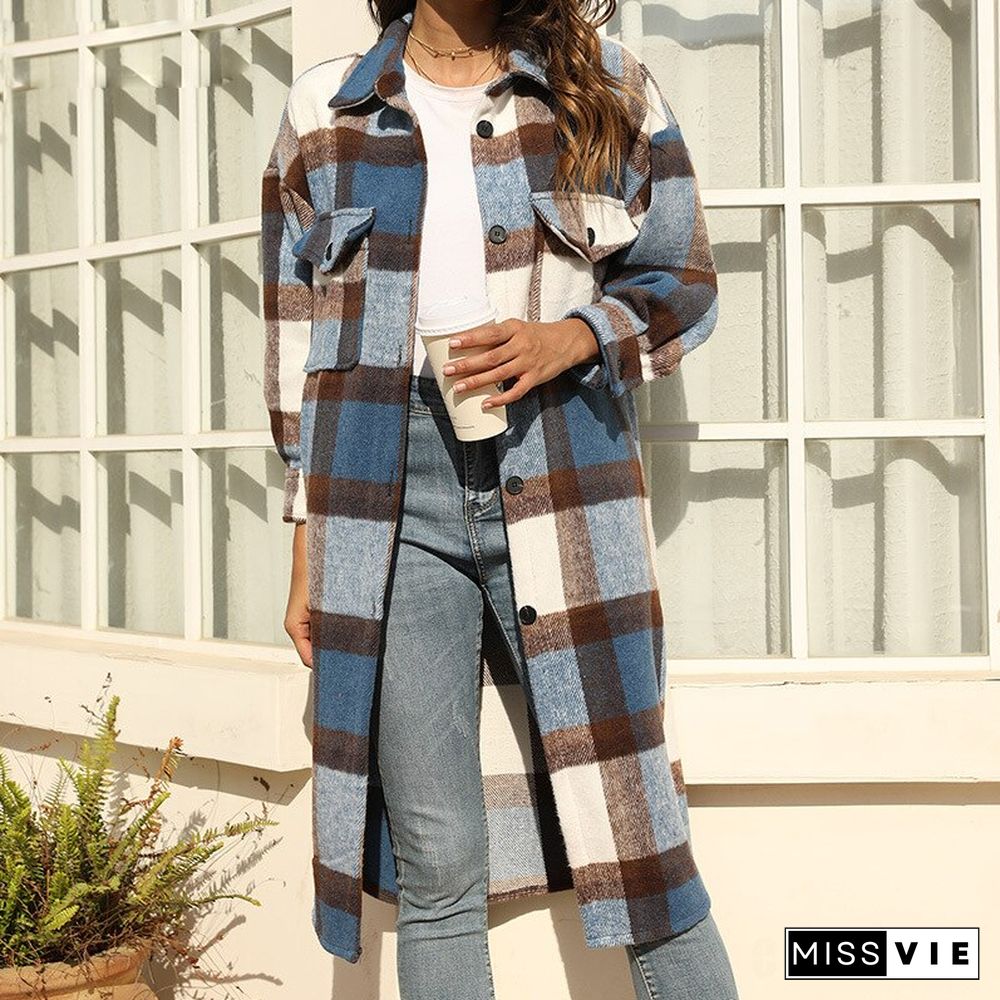 New Autumn Winter Women Casual Loose Blue Plaid Jacket  Warm Overcoat Fashion Long Coats