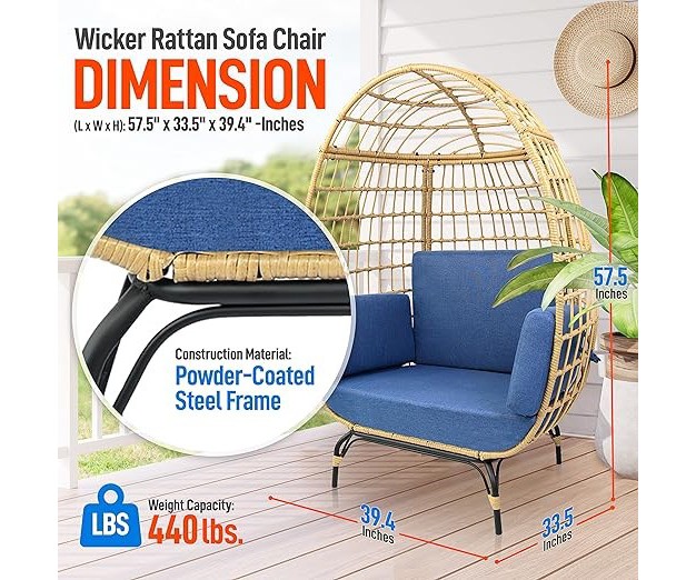 Serenelife Wicker Rattan Egg Chair Indoor Outdoor Blue Sofa Chair For Patio Backyard And Living Room With 4 Cushions And Powder Coated Steel Frame