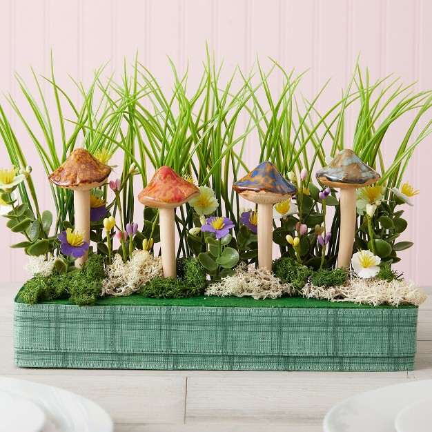 Juvale 4 Pack 5 inch Ceramic Mushroom Plant Garden Ornament And Decor Outdoor Decoration Stakes For Planter Pots