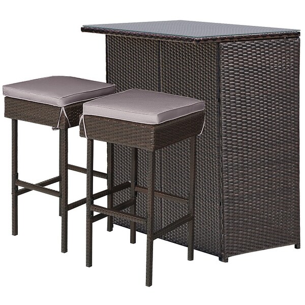 Costway Patio 3PCS Rattan Bar Table Stool Set Cushioned Chairs with