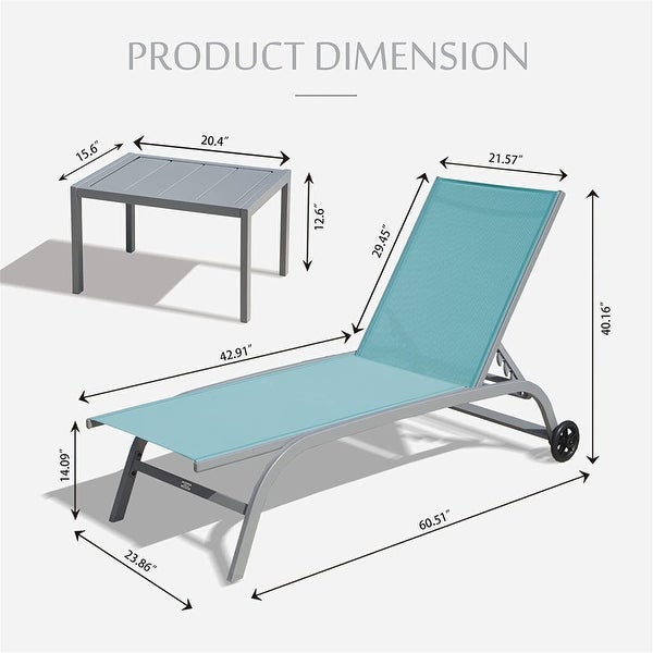 3-Piece Outdoor Chaise Lounge with Wheels 5 Adjustable Position