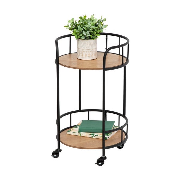 Natural/Black Steel and MDF 2-Tier Rolling Side Table