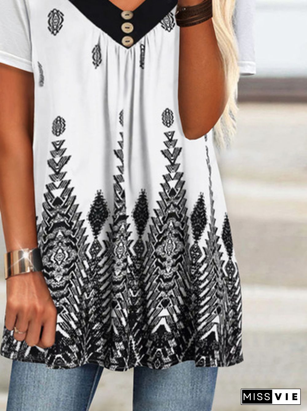 Geometric Tribal Printed Casual V Neck Loosen Plus Size Short Sleeve T-Shirt