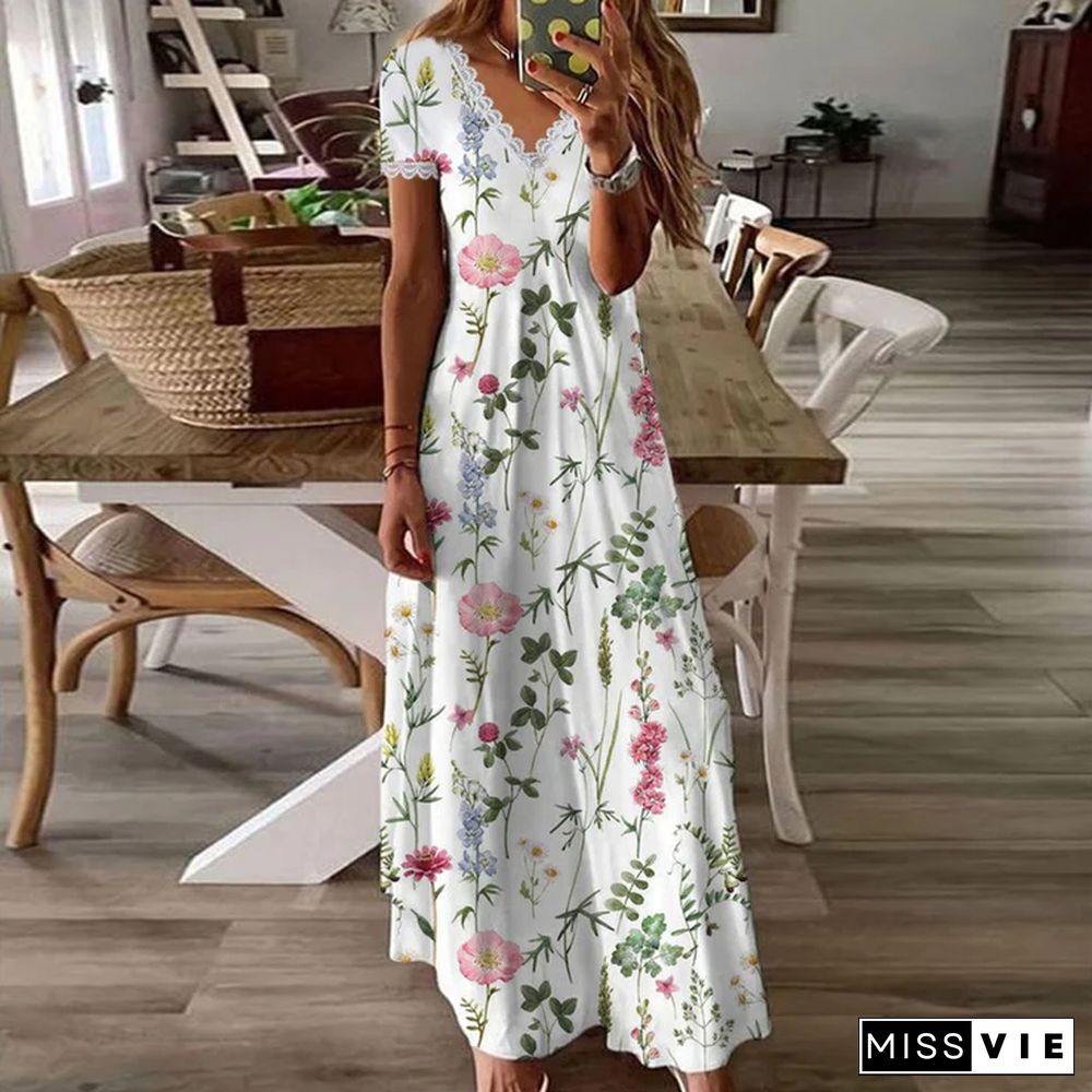 Garden Print V-Neck White Maxi Summer Dress