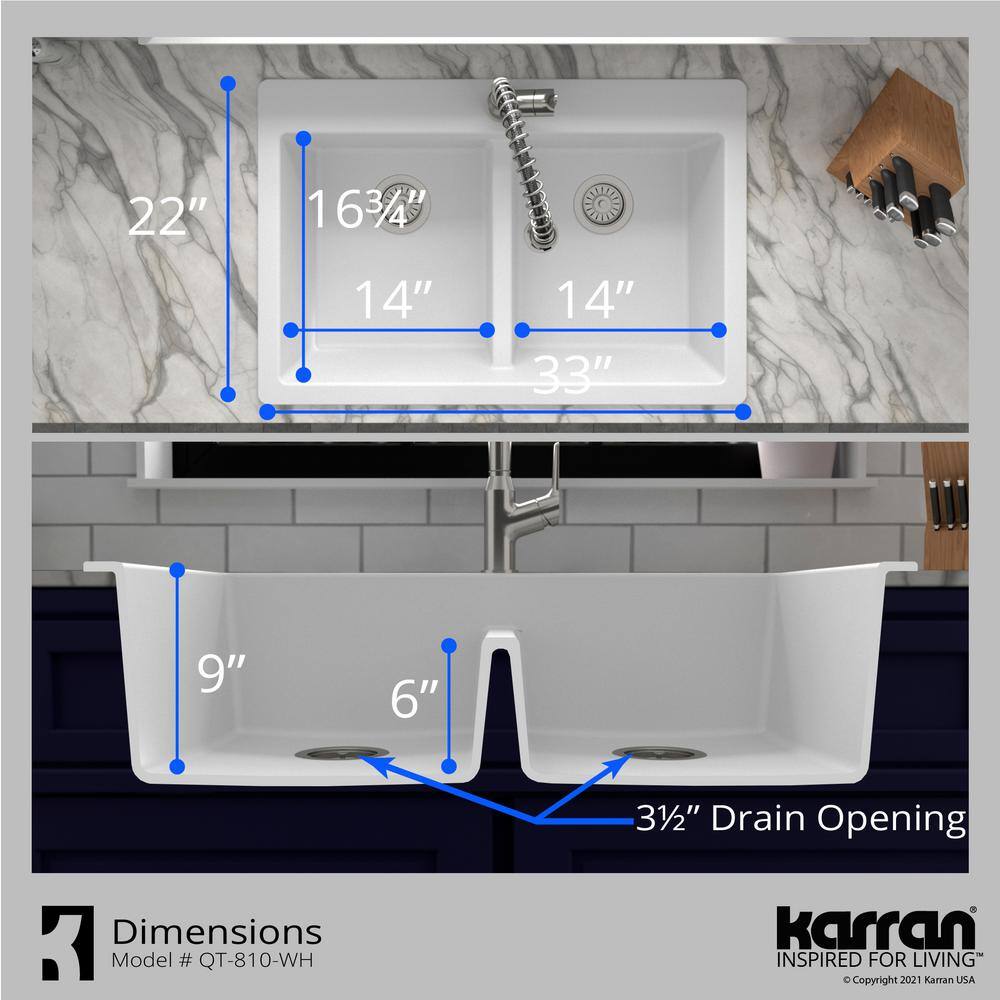 Karran QT- 810 qt. 33 in. 5050 Double Bowl Drop-In Kitchen Sink in White with Faucet in Stainless Steel QT810WHKKF340SS