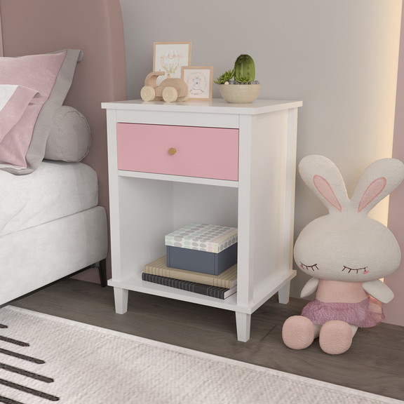 Wooden Nightstand with One Drawer One Shelf for Ki...