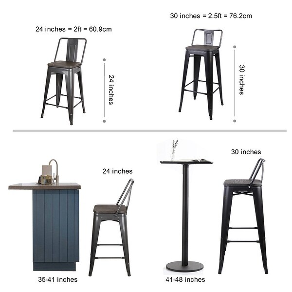 24 inch High Back Metal Stool with Dark Wooden Seat-Set of 4