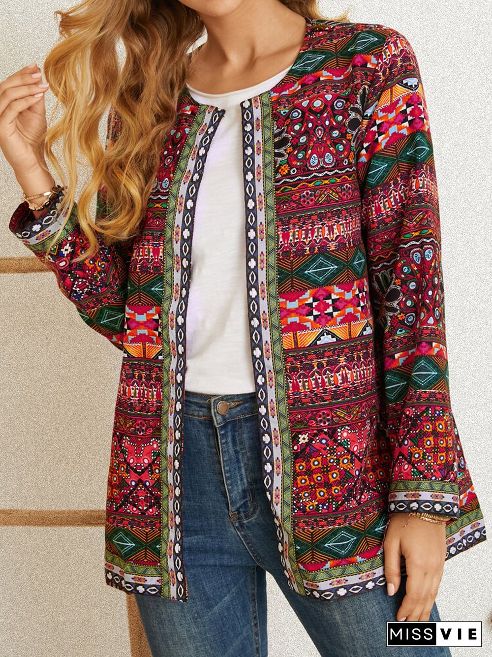 Vintage Ethnic Print Ribbon Patchwork Pockets Long Sleeve Jackets