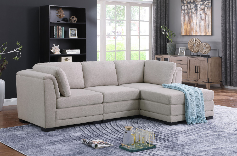 Kristin Light Gray Linen Reversible Sectional Sofa With Ottoman   Transitional   Sectional Sofas   by Lilola Home  Houzz