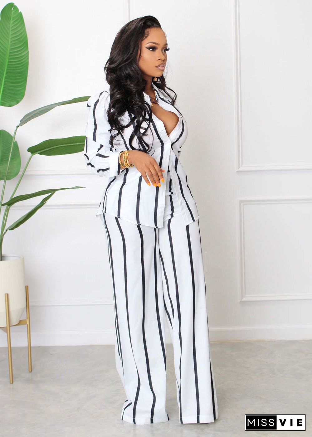 Striped Print Shirt and Wide Leg Pants 2 Piece Set