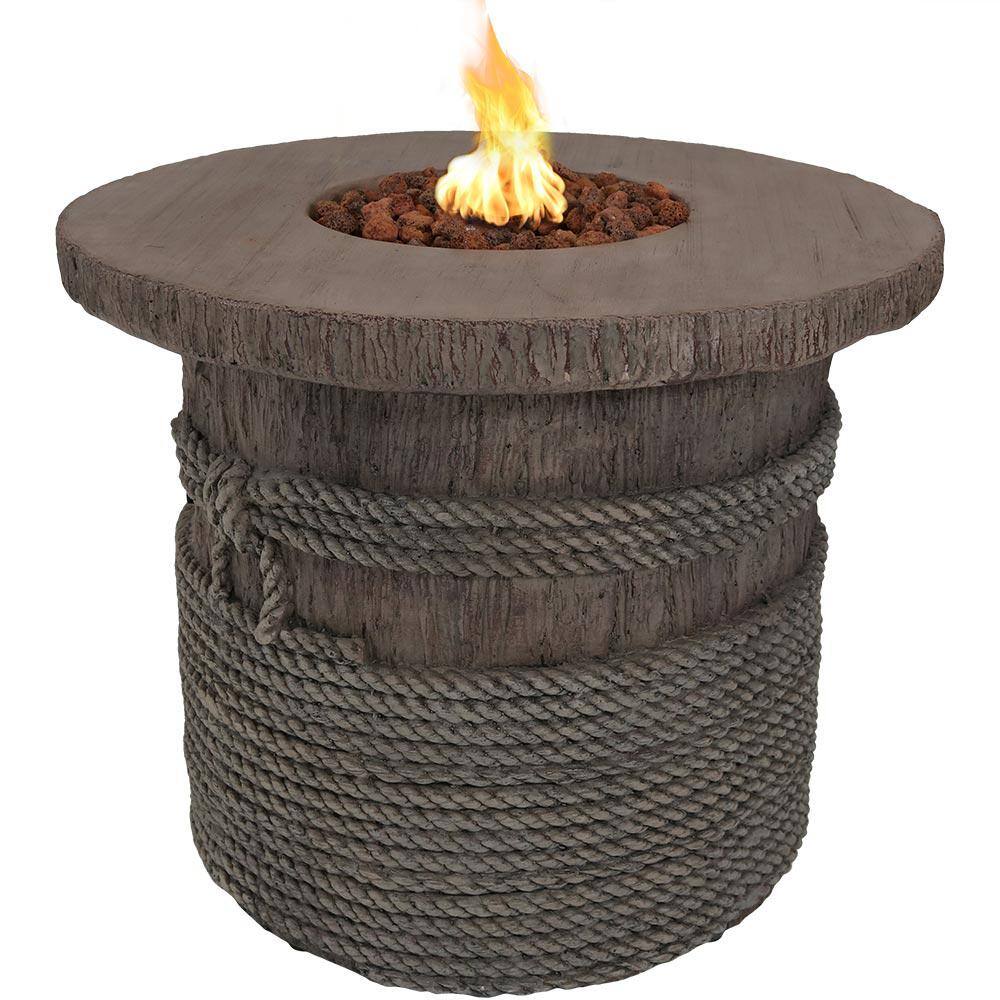 Sunnydaze Decor 29 in. Round Fiberglass Rope and Barrel Propane Gas Fire Pit Table with Lava Rocks WAR-962