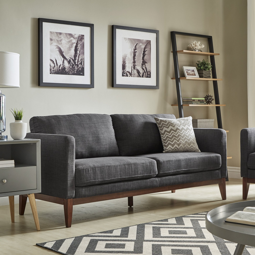 Retro Modern Sofa  Dark Oak Wooden Legs With Beige Linen Fabric Seat   Transitional   Sofas   by Decorn  Houzz