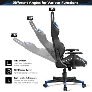 Costway Massage Gaming Chair Reclining Racing Chair w Headrest and Lumbar Support Blue HW62039BL