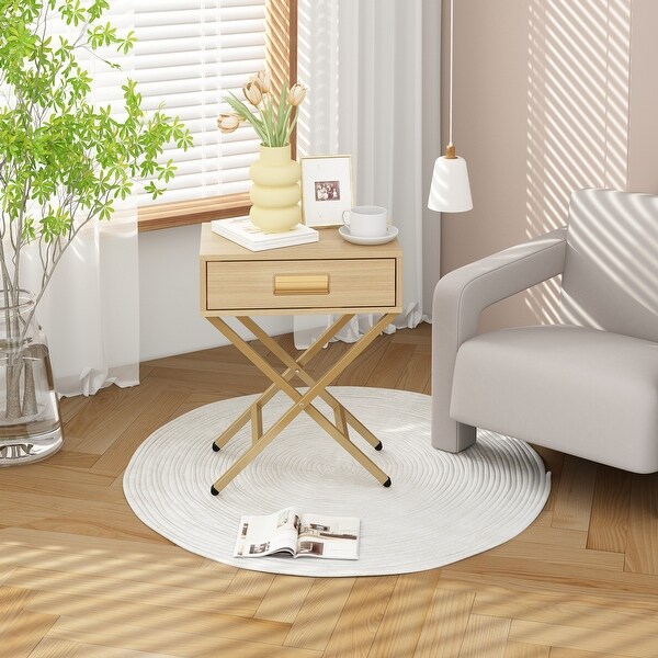 Contemporary Yellow Wood Side Table with Drawer and Wooden XLegs