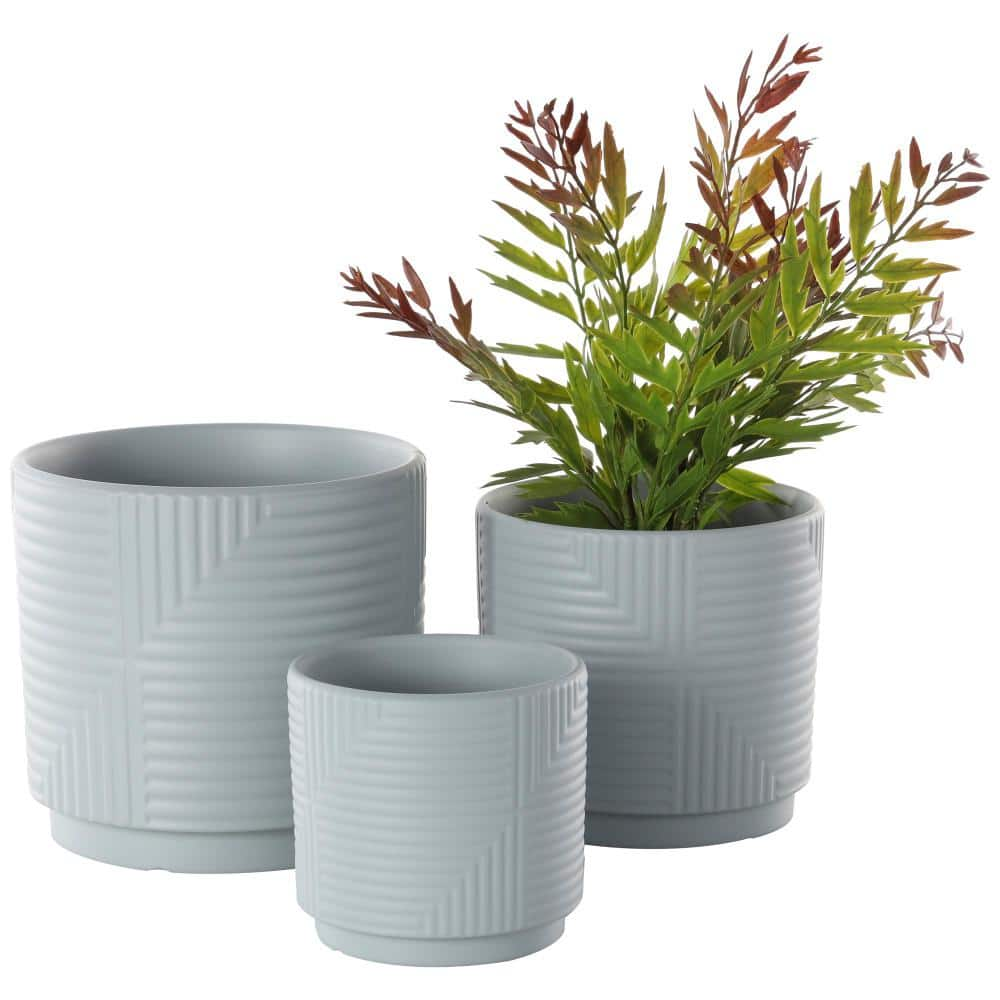 Litton Lane 7 in. 6 in. and 4 in. Small Gray Ceramic Planter with Layered Square Shaped Grooves (3-Pack) 43853