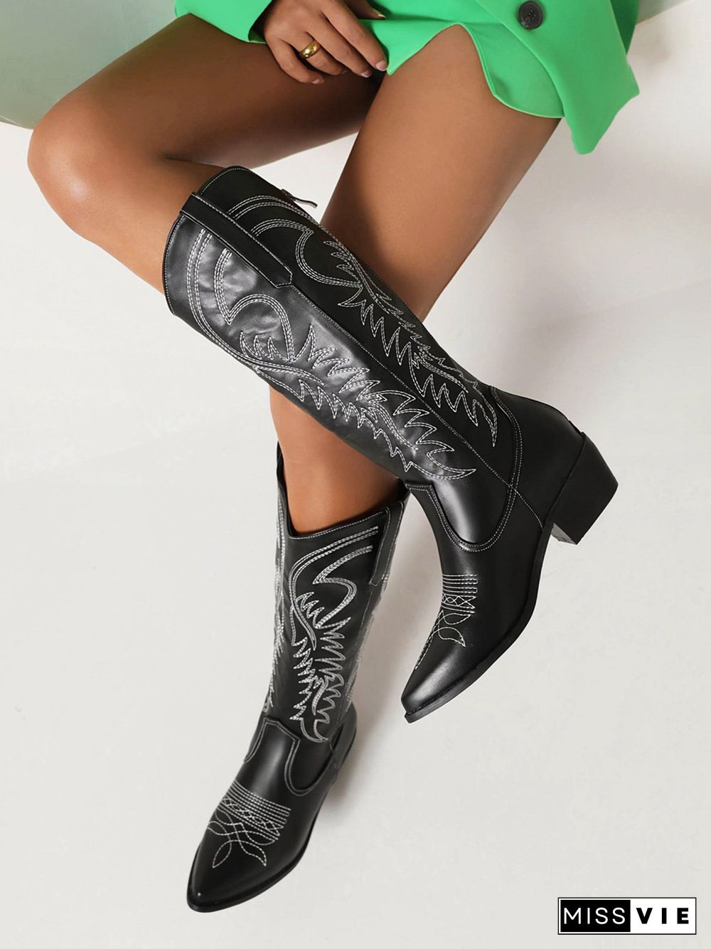 Embroidered Panel Plush Warm Pointed-Toe Cowboy Boots