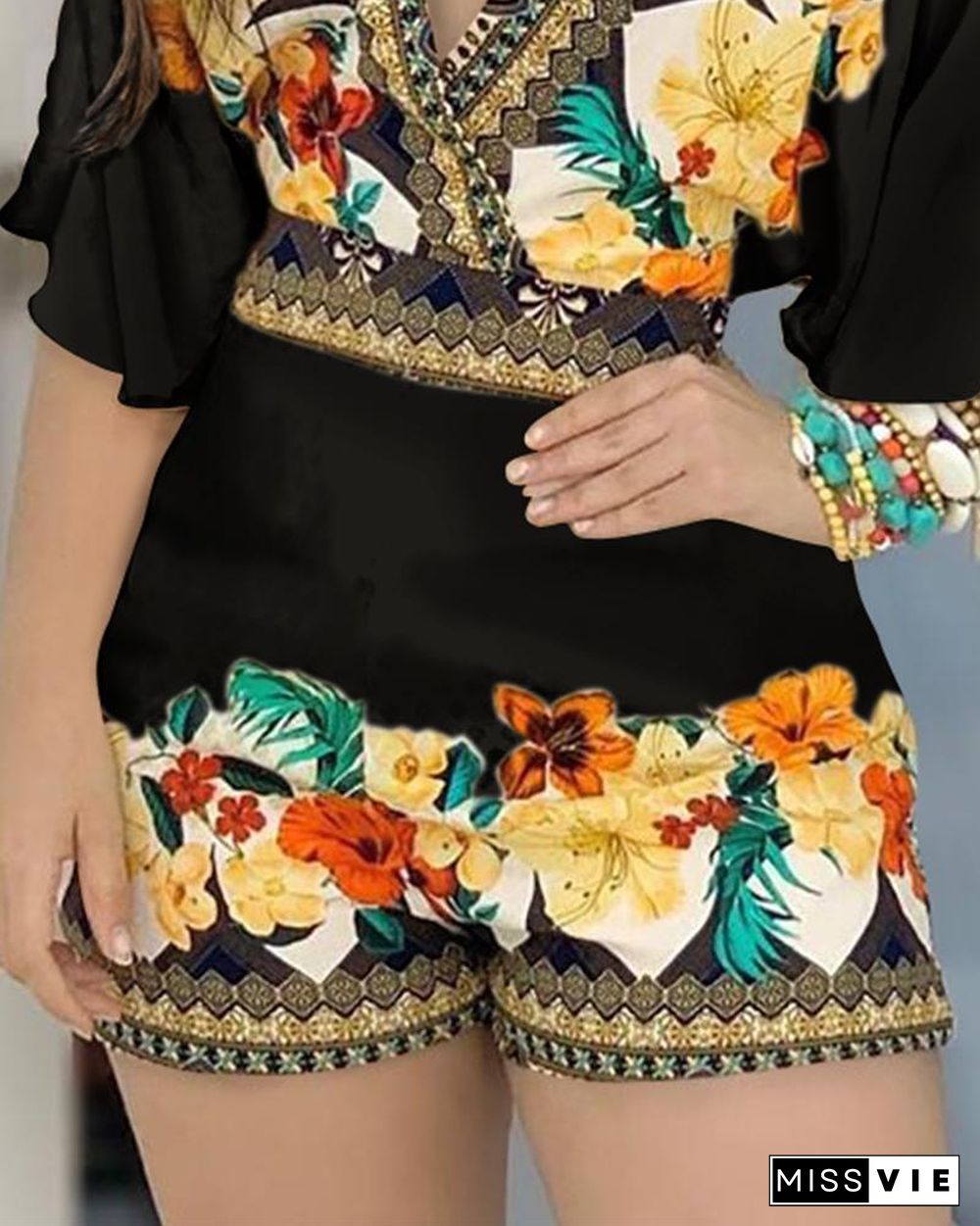 Deep V Neck Floral Half Sleeve Romper P11221